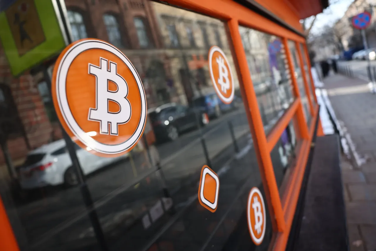 Bitcoin symbol is seen on the kiosk in Krakow, Poland on February 20, 2026. (Photo by Jakub Porzycki/NurPhoto via Getty Images)