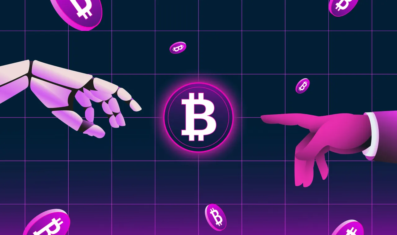 Representative image of robot and human hands touching Bitcoin. (Photo by Moor Studio/Getty Images)