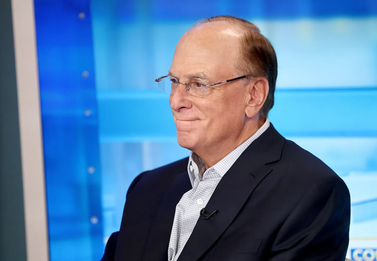 Larry Fink, Chairman and CEO of BlackRock visits "The Claman Countdown" at Fox Business Network Studios on April 11, 2025 in New York City. (Photo by Jamie McCarthy/Getty Images)