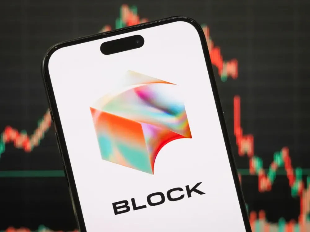 In this photo illustration, the logo of Block, Inc. is displayed on a smartphone screen on April 26, 2025, in Chongqing, China. (Photo illustration by Cheng Xin/Getty Images)