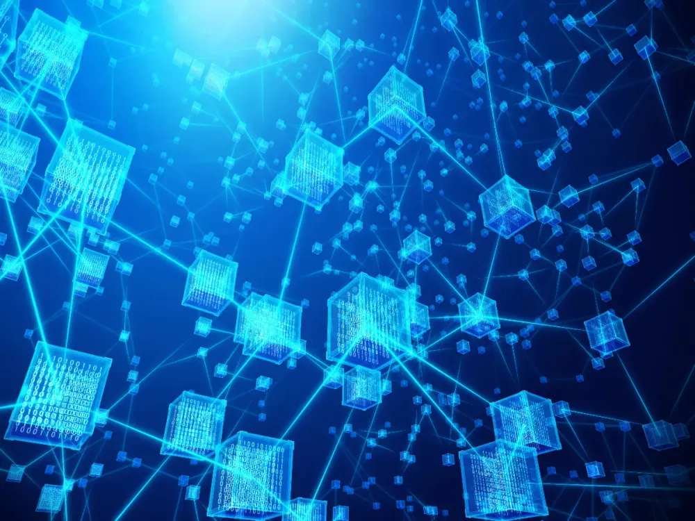 Blockchain concept of a transparent cube with encryption data code and network (Photo by Yuichiro Chino via Getty Images).