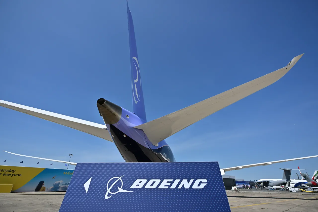The Boeing logo is displayed during the 55th Paris International Air Show