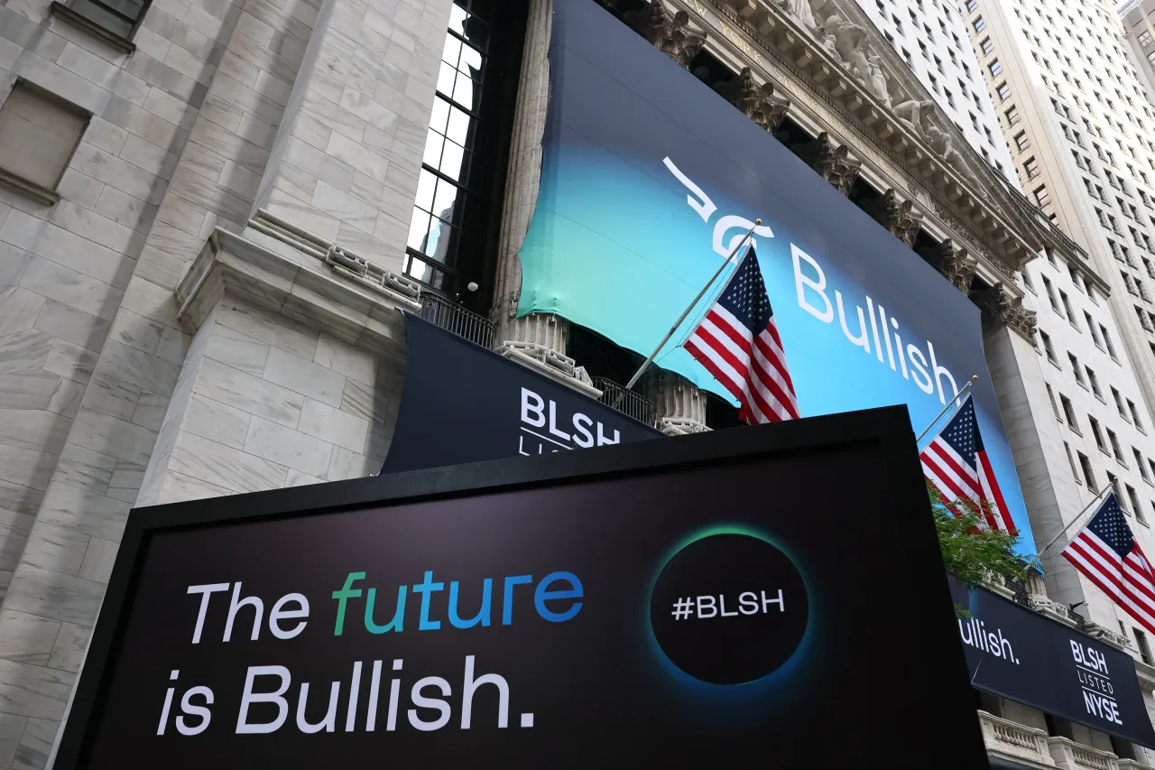 The company logo of cryptocurrency exchange Bullish is displayed on a banner at the New York Stock Exchange during morning trading on August 13, 2025 in New York City. (Photo by Michael M. Santiago/Getty Images)