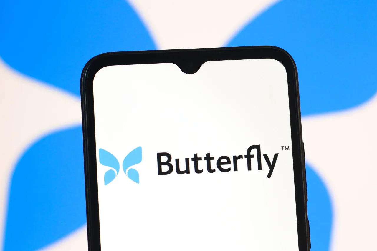 In this photo illustration, the Butterfly Network logo is seen displayed on a smartphone screen. (Photo Illustration by Thomas Fuller/SOPA Images/LightRocket via Getty Images)