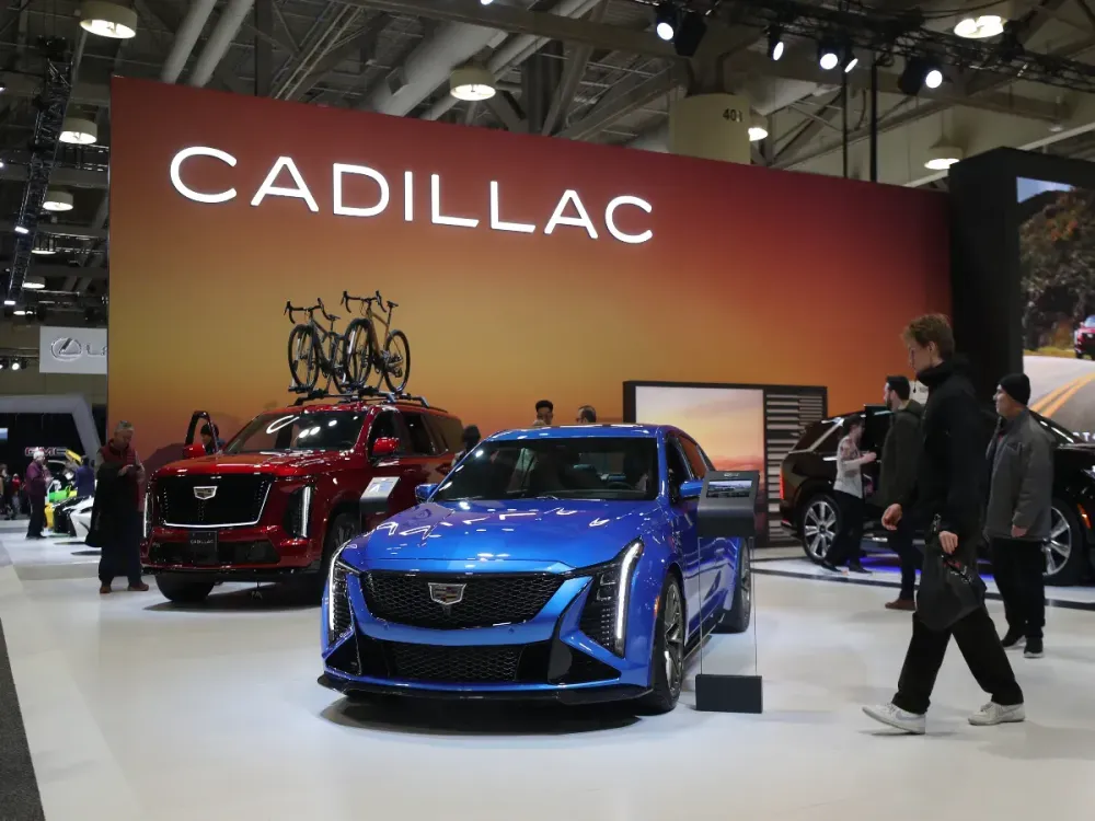 Cadillac cars are on display at the Canadian International AutoShow at the Metro Convention Centre in Toronto, Ontario, on February 21, 2025. (Photo by Arrush Chopra/NurPhoto via Getty Images)