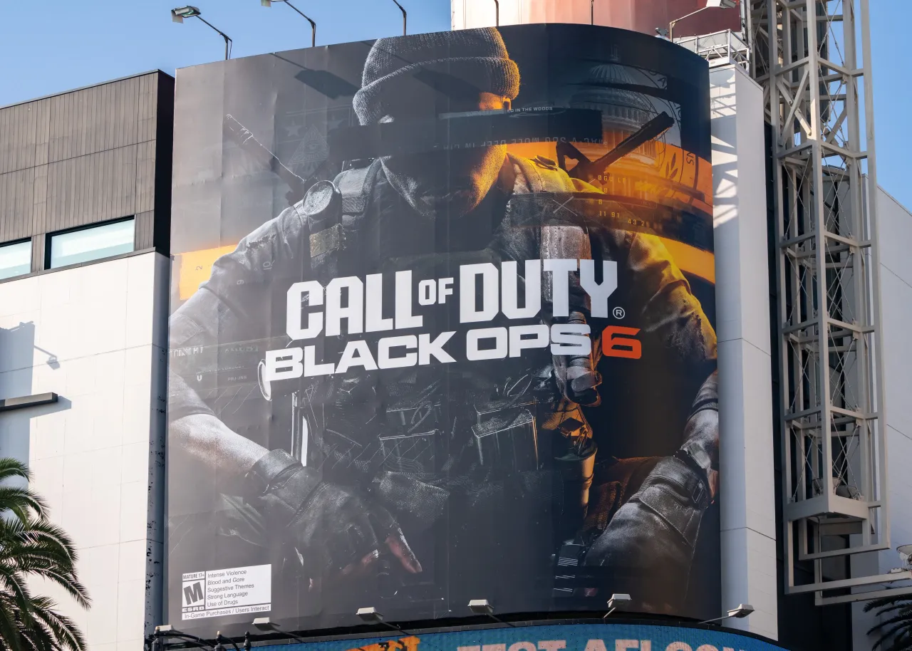 General views of the Call of Duty Black Ops 6 video game skyscraper billboard campaign at Hollywood & Highland