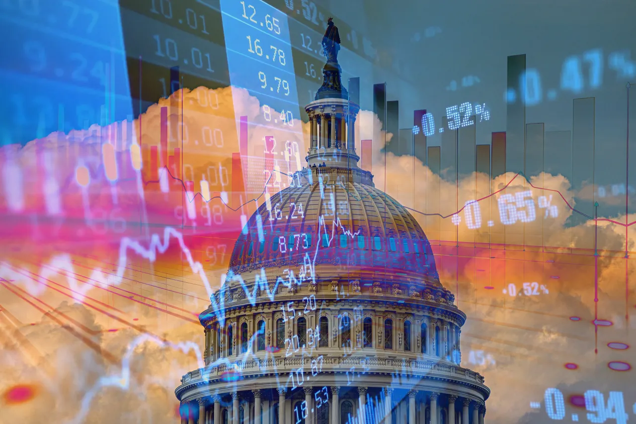 Representative image of the Capitol overlayed with market data. (Photo by Douglas Rissing/Getty Images)