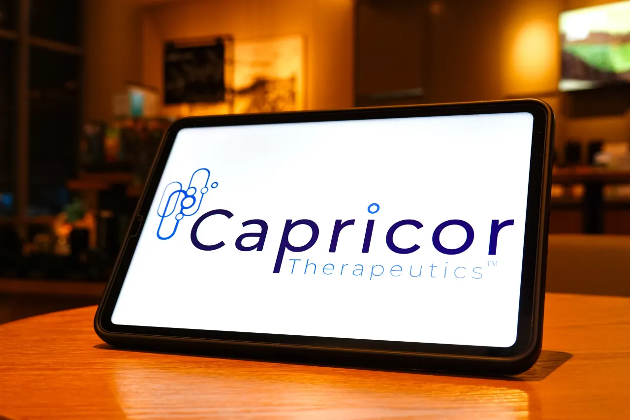 In this photo illustration, the lCapricor Therapeutics logo is seen displayed on the screen of a tablet. (Photo Illustration by Sheldon Cooper/SOPA Images/LightRocket via Getty Images)