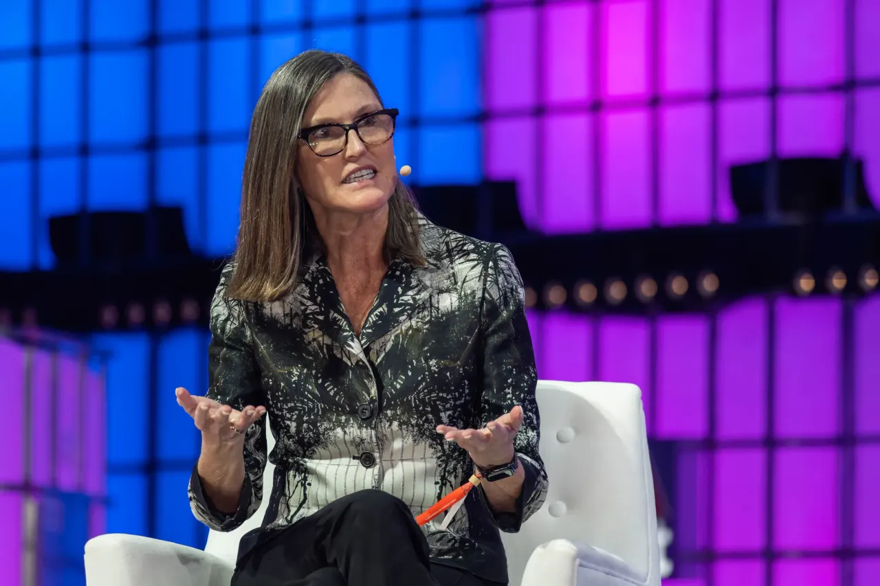 CEO & Chief Investment Officer of ARK Invest, Cathie Wood, addresses the audience at Altice Arena Centre Stage during the second day of the Web Summit 2022 in Lisbon. (Photo by Hugo Amaral/SOPA Images/LightRocket via Getty Images)
