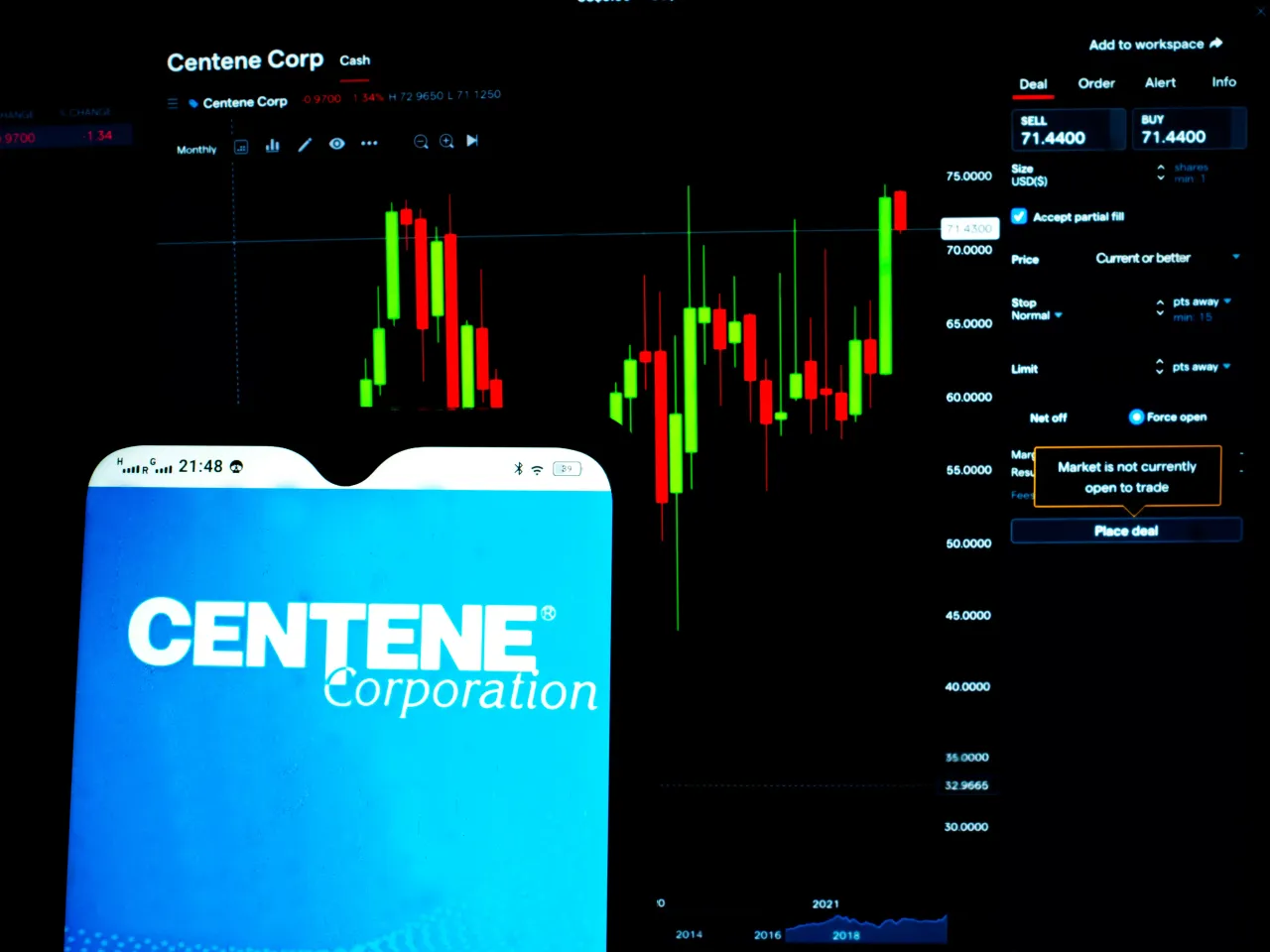 In this photo illustration a Centene Corporation logo seen displayed on a smartphone with the stock market information of Centene Corporation in the background. (Photo Illustration by Igor Golovniov/SOPA Images/LightRocket via Getty Images)