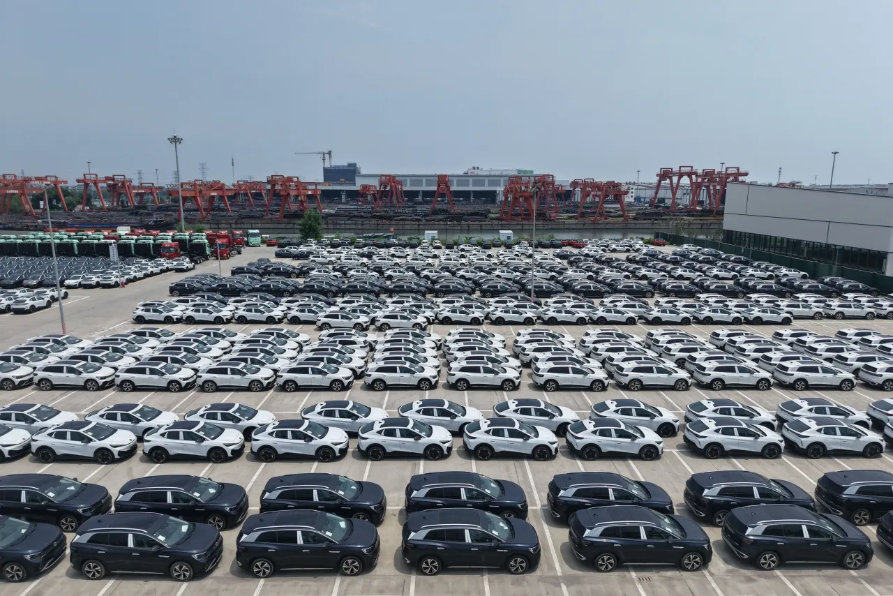 Chinese-made electric vehicles are parked at the International Automobile Trade Port on the Hangzhou section of the Grand Canal in Hangzhou, Zhejiang Province, China, on July 2, 2026, awaiting export. (Photo by Costfoto/NurPhoto via Getty Images)