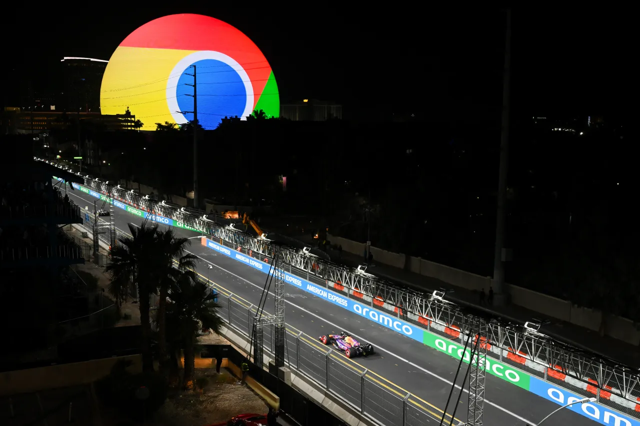 Google Chrome’s sphere is seen in the background as drivers compete during the practice session of F1 Grand Prix of Las Vegas at Las Vegas Strip Circuit on November 17, 2023. (Photo by Tayfun Coskun/Anadolu via Getty Images)
