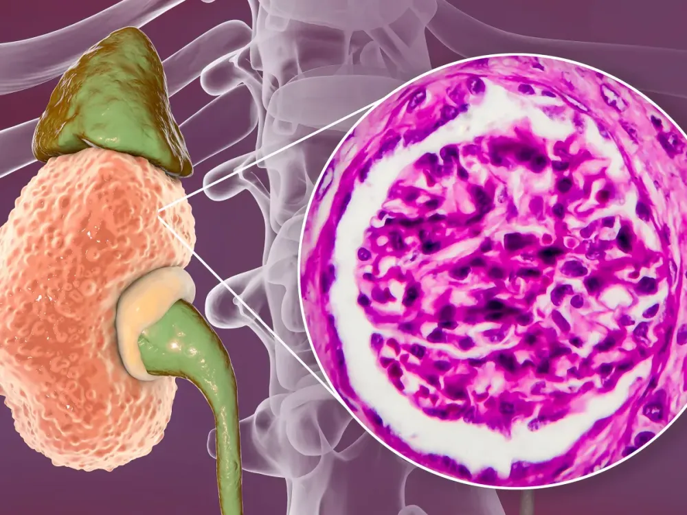 Chronic kidney disease, computer illustration and light micrograph. The illustration shows the gross anatomy of kidneys with chronic glomerulonephritis. | Image source: Getty Images