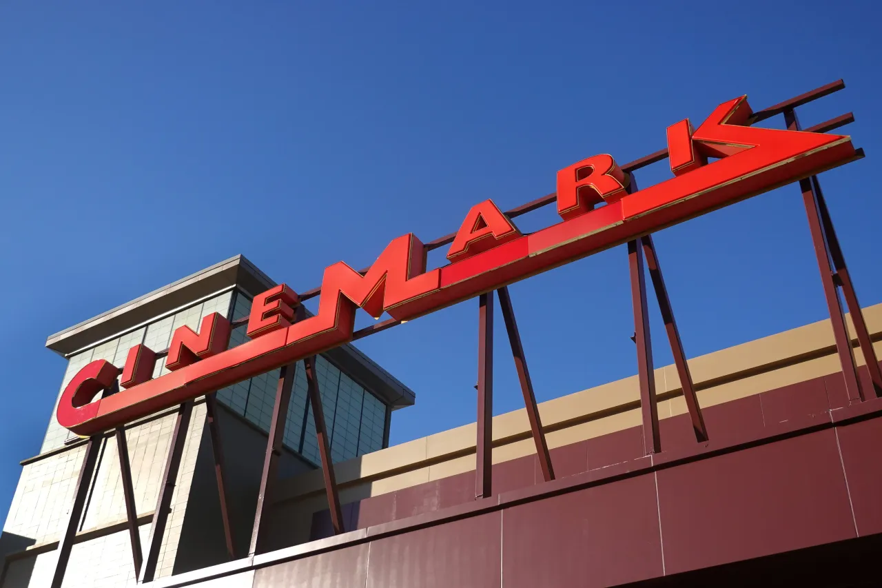 The Cinemark logo hangs above one of the company's theaters on December 04, 2020 in Melrose Park, Illinois. (Photo by Scott Olson/Getty Images)