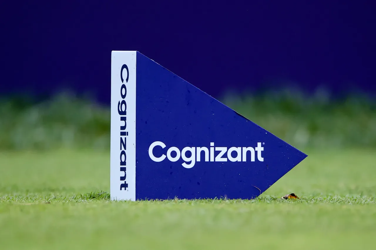 View of the Cognizant logo on a tee box marker during the third round of the Cognizant Founders Cup on October 9,2021 at Mountain Ridge Country Club in West Caldwell,NJ. (Photo by Rich Graessle/Icon Sportswire via Getty Images)