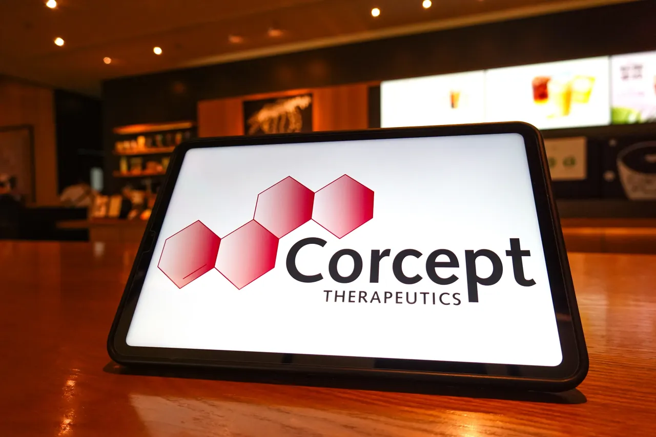 In this photo illustration, the Corcept Therapeutics logo is seen displayed on the screen of a tablet