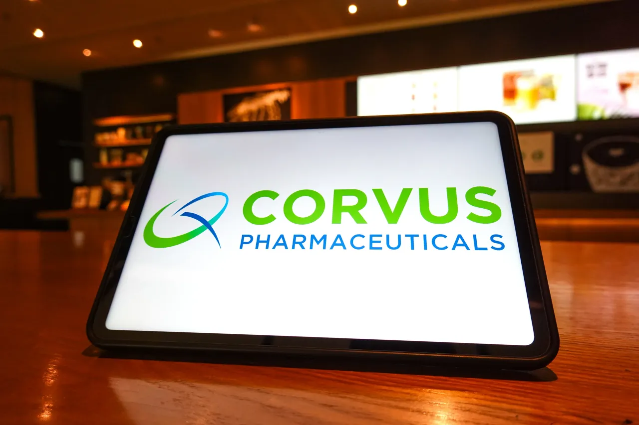 In this photo illustration, the Corvus Pharmaceuticals logo is seen displayed on the screen of a tablet. (Photo Illustration by Sheldon Cooper/SOPA Images/LightRocket via Getty Images)