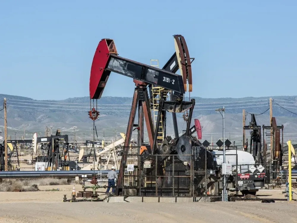 Oil pipelines, pumping rigs, and electrical transmission lines dot the landscape along California's "Petroleum Highway"