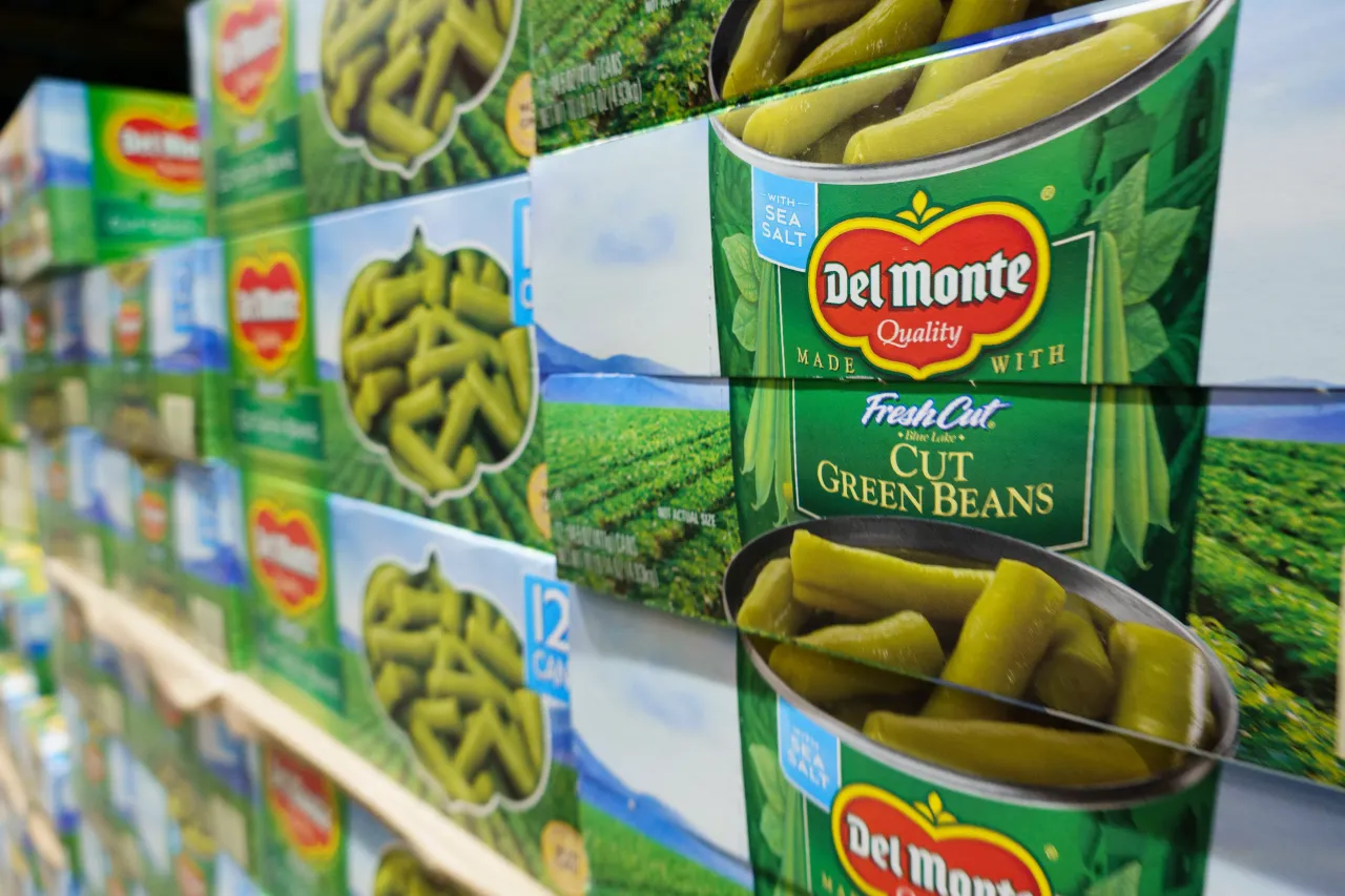  Packages of Del Monte canned green beans are stacked at a Costco Wholesale store on April 4, 2025 in San Diego, California