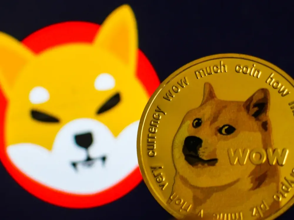 Dogecoin cryptocurrency is seen with Shiba Inu cryptocurrency logo displayed on a screen in the background in this photo taken in Krakow, Poland on June 29, 2021 (Photo Illustration by Jakub Porzycki/NurPhoto via Getty Images)