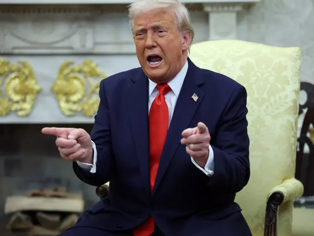 U.S. President Donald Trump gestures as he meets with President Nayib Bukele of El Salvador in the Oval Office of the White House April 14, 2025 in Washington, DC. (Photo by Win McNamee/Getty Images)