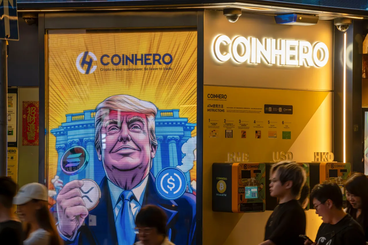 Coinhero Bitcoin ATM machine shop with Donald Trump's face on, Hong Kong, China. (Photo by: Bob Henry/UCG/Universal Images Group via Getty Images)