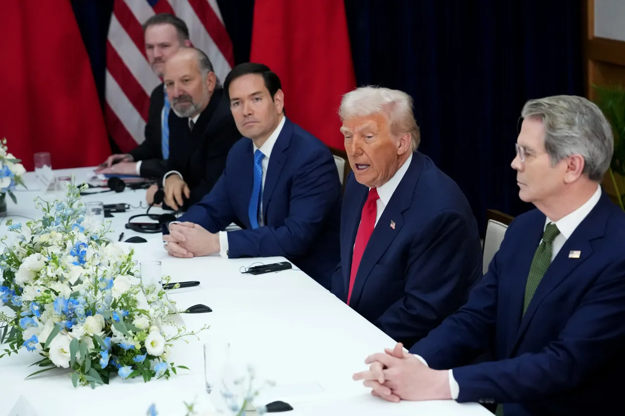 President Donald Trump with Treasury Secretary Scott Bessent and others during a meeting with Chinese President Xi Jinping