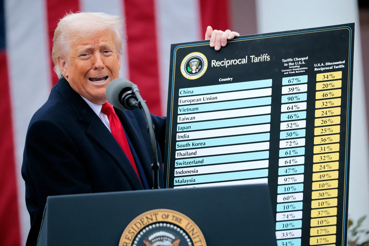 U.S. President Donald Trump holds up a chart while speaking during a “Make America Wealthy Again” trade announcement event in the Rose Garden at the White House on April 2, 2025