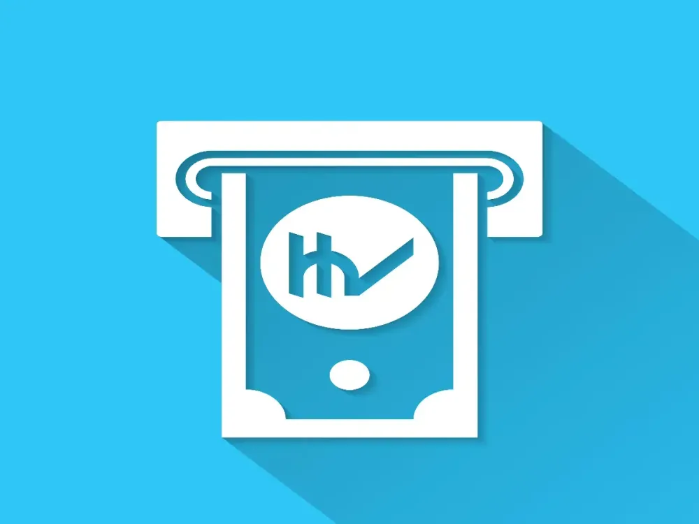 White icon of "Indian rupee withdrawal" in a flat design style isolated on a blue background and with a long shadow effect.