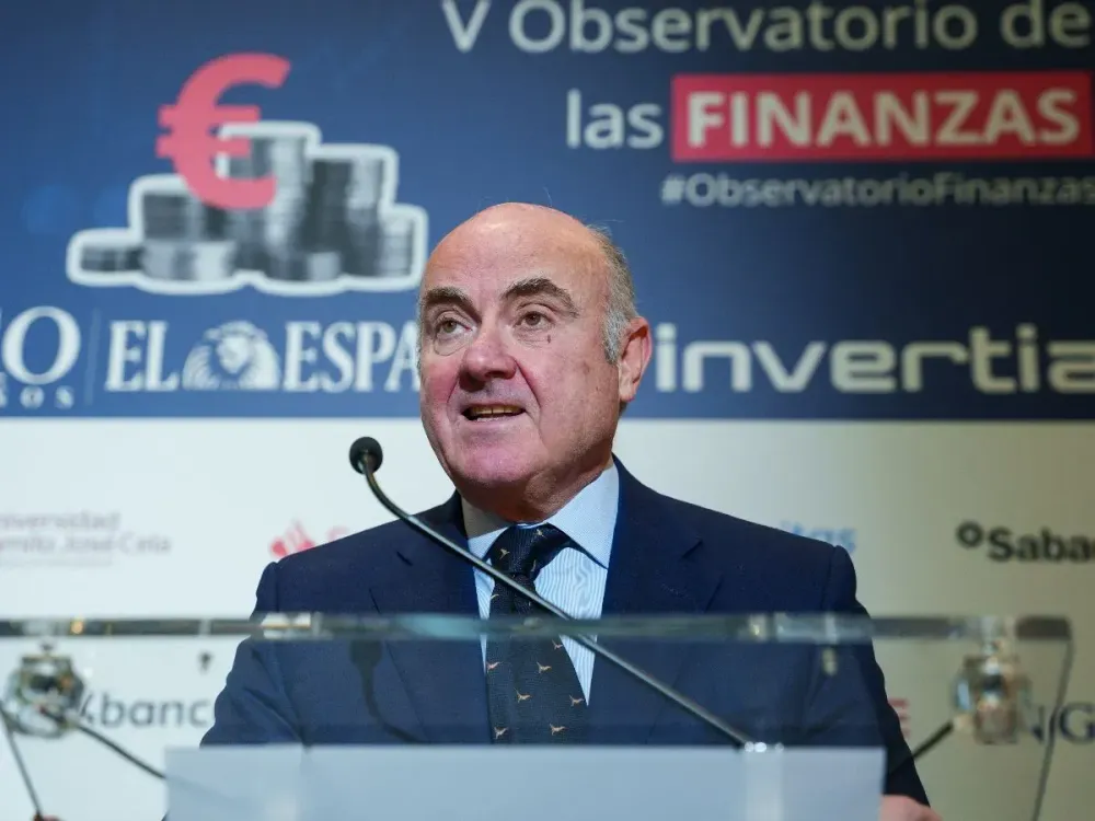 ECB Vice-President, Luis de Guindos, speaks during the V Observatory of Finance, in the auditorium of the Camilo Jose Cela University in Almagro, on 19 March, 2025 in Madrid, Spain. (Photo By Matias Chiofalo/Europa Press via Getty Images)