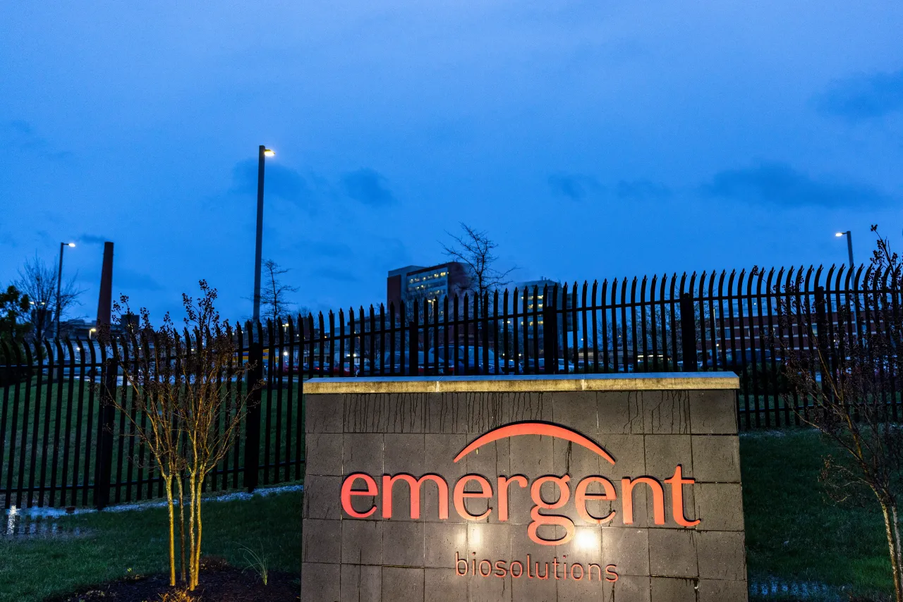 The exterior view of the Emergent BioSolutions plant on April 01, 2021 in Baltimore, Maryland. (Photo by Tasos Katopodis/Getty Images)