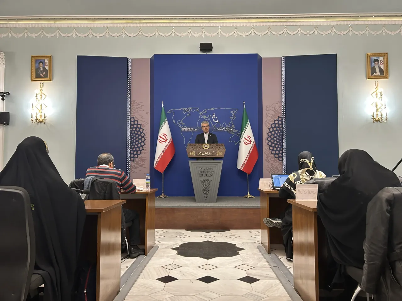 Iran's Foreign Ministry spokesman Esmaeil Baghaei as he holds the weekly press conference in Tehran, Iran on February 17, 2025. (Photo by Ahmet Dursun/Anadolu via Getty Images)