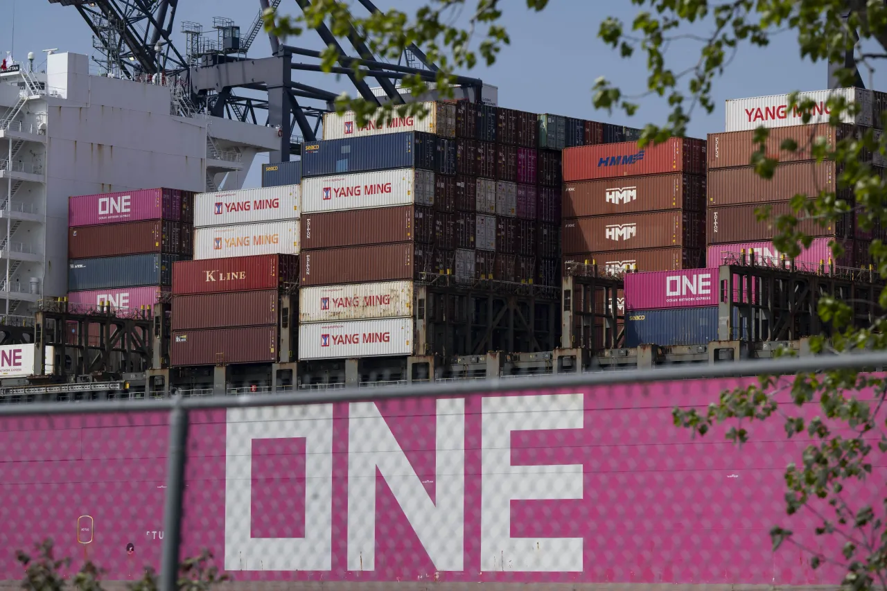 Containers are stacked on the deck of the cargo ship One Manhattan at Port Jersey Container Terminal in New Jersey, U.S., May 1, 2025. (Photo by Mostafa Bassim/Anadolu via Getty Images)