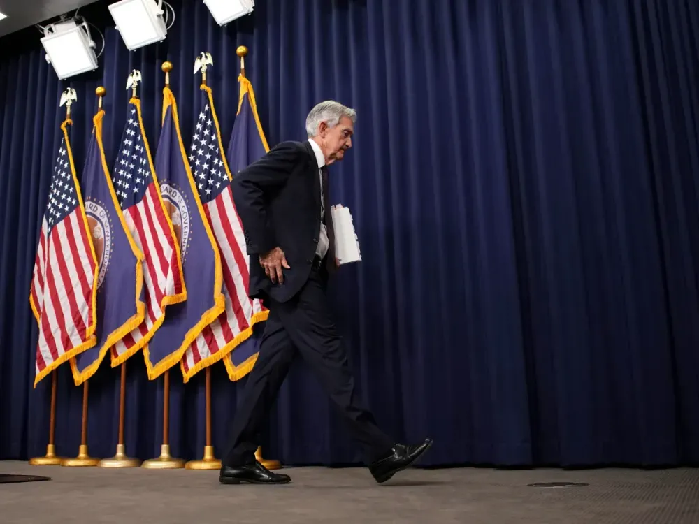 Federal Reserve Chair Jerome Powell departs after speaking at a news conference following a Federal Open Market Committee meeting on May 7, 2025, in Washington, DC. (Photo by Andrew Harnik/Getty Images) 
