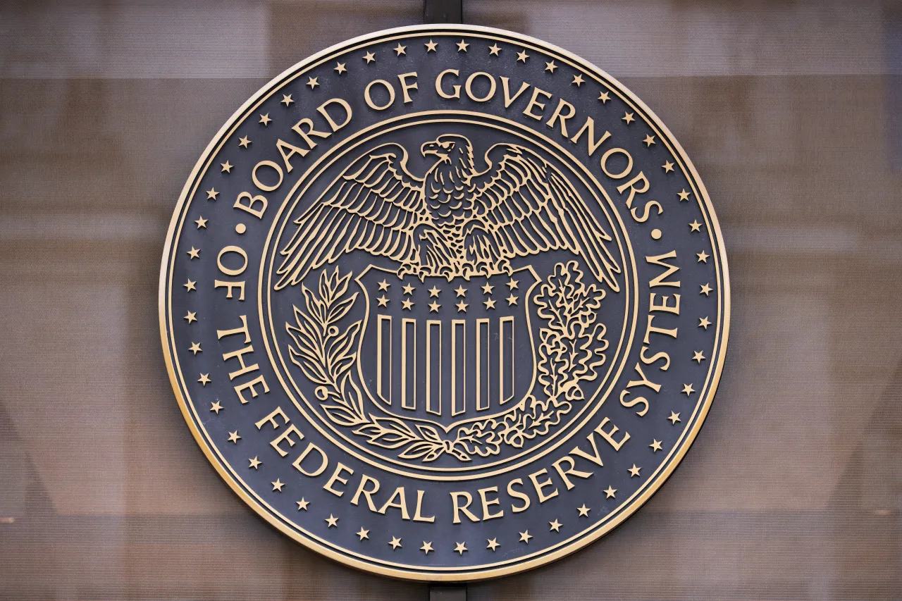 The seal of the Federal Reserve is pictured before Fed Chairman Jerome Powell announced the Fed will leave interest rates unchanged on Wednesday, July 30, 2025. (Tom Williams/CQ-Roll Call, Inc via Getty Images)