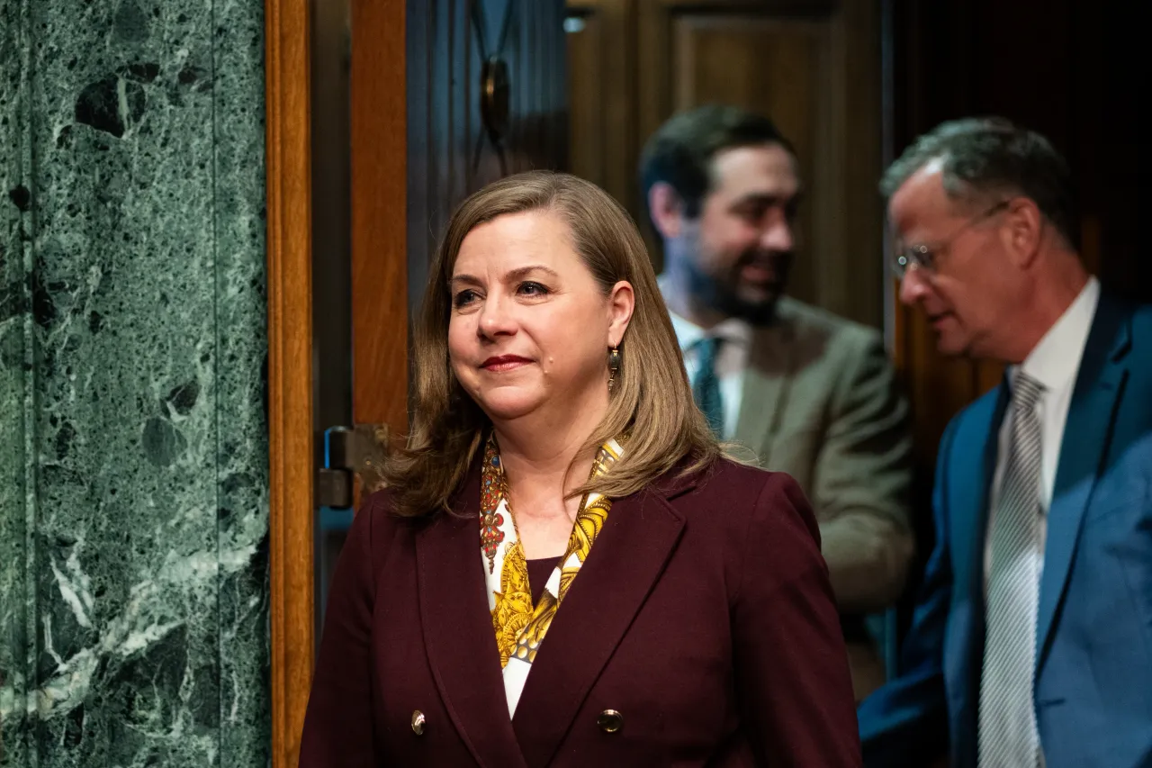 Michelle Bowman arrives for her confirmation hearing in the Banking, Housing, and Urban Affairs Committee in the Dirksen Senate Office Building on Thursday, April 10, 2025. (Bill Clark/CQ-Roll Call, Inc via Getty Images)