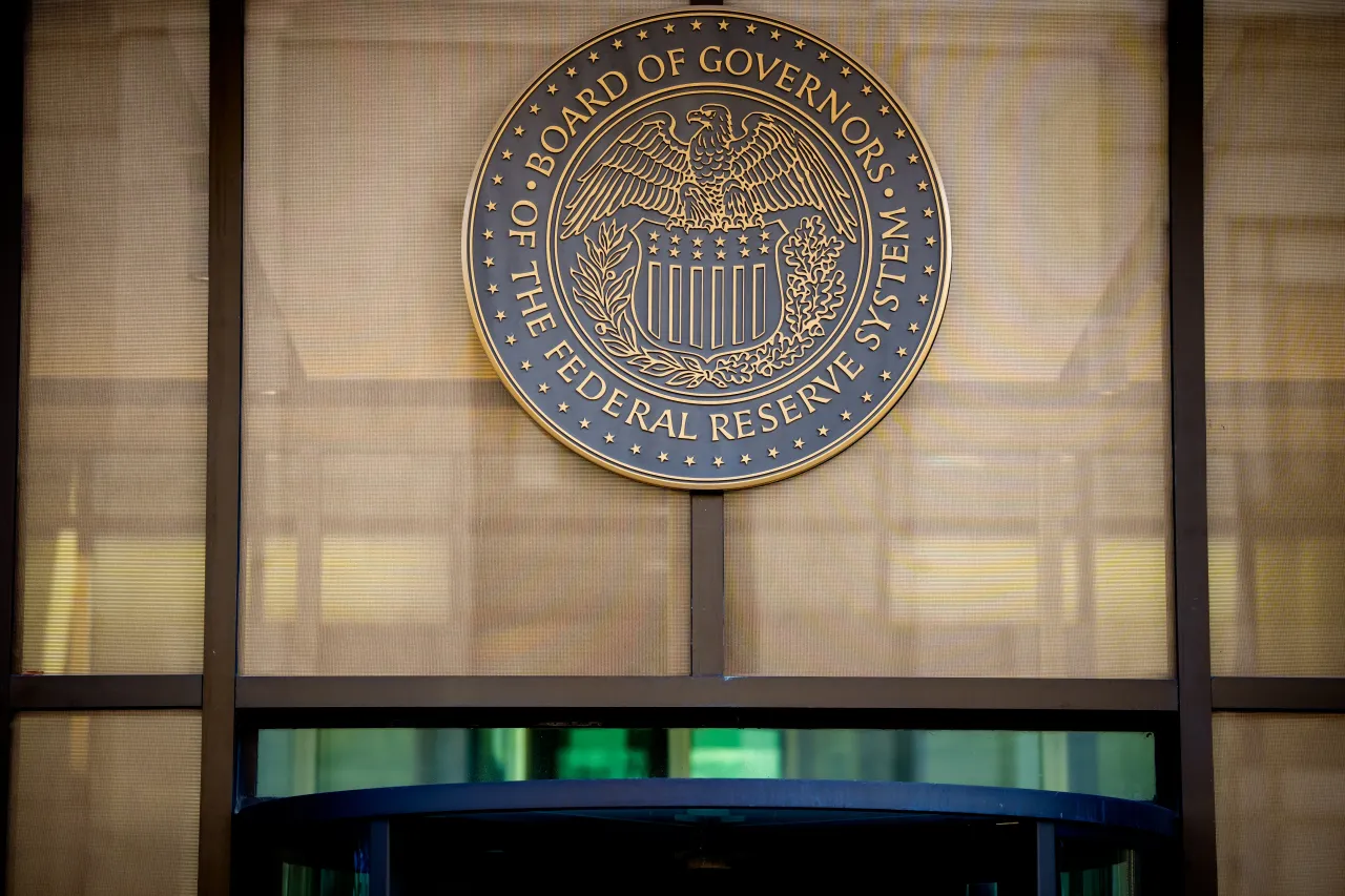 The Federal Reserve logo is visible on the William McChesney Martin Jr. Building on December 9, 2025 in Washington, DC. (Photo by Andrew Harnik/Getty Images)