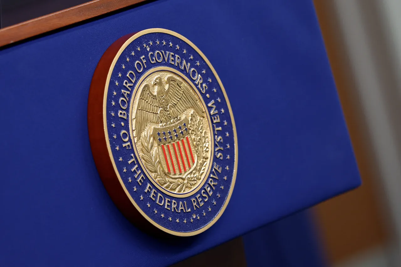 The seal of the Federal Reserve is pictured before Fed Chairman Jerome Powell conducted a news conference after a meeting of the Federal Open Market Committee on Wednesday, July 30, 2025.(Tom Williams/CQ-Roll Call, Inc via Getty Images)