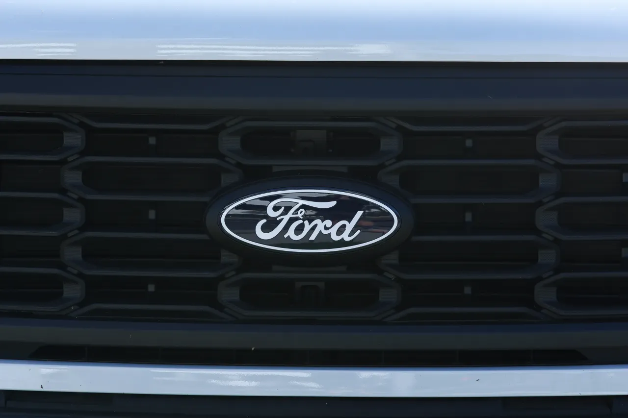 A view of the Ford logo on the front grill of a vehicle for sale in Hawthorne, California, on February 18, 2026. (Photo by Michael Yanow/NurPhoto via Getty Images)