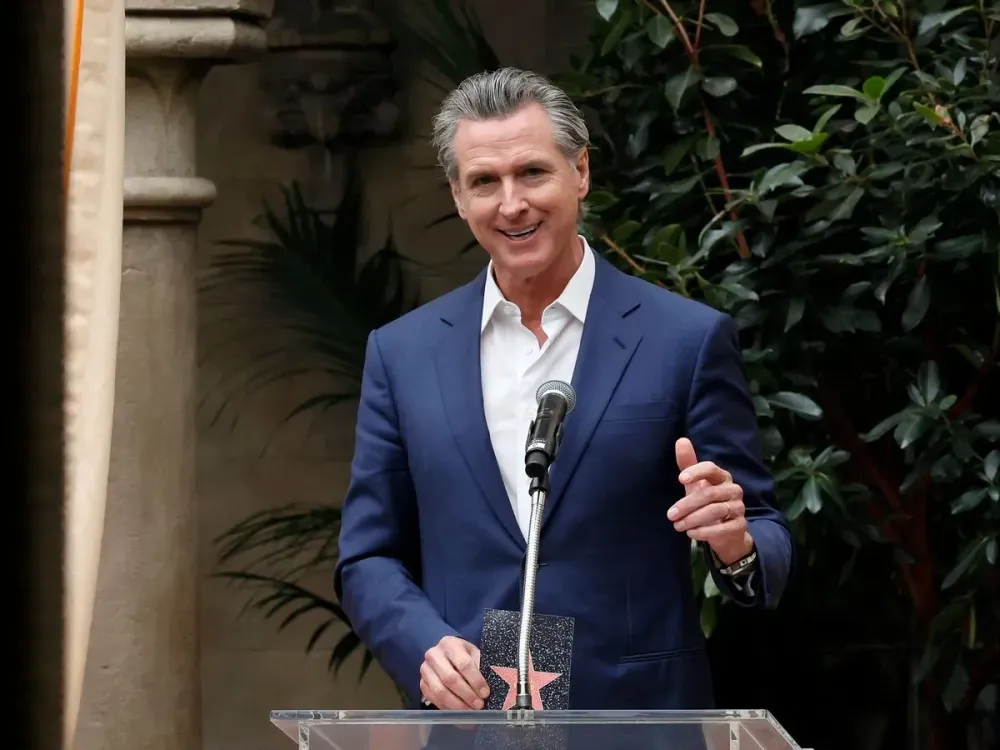 Gavin Newsom speaks onstage during a recent press announcement at Chateau Marmont