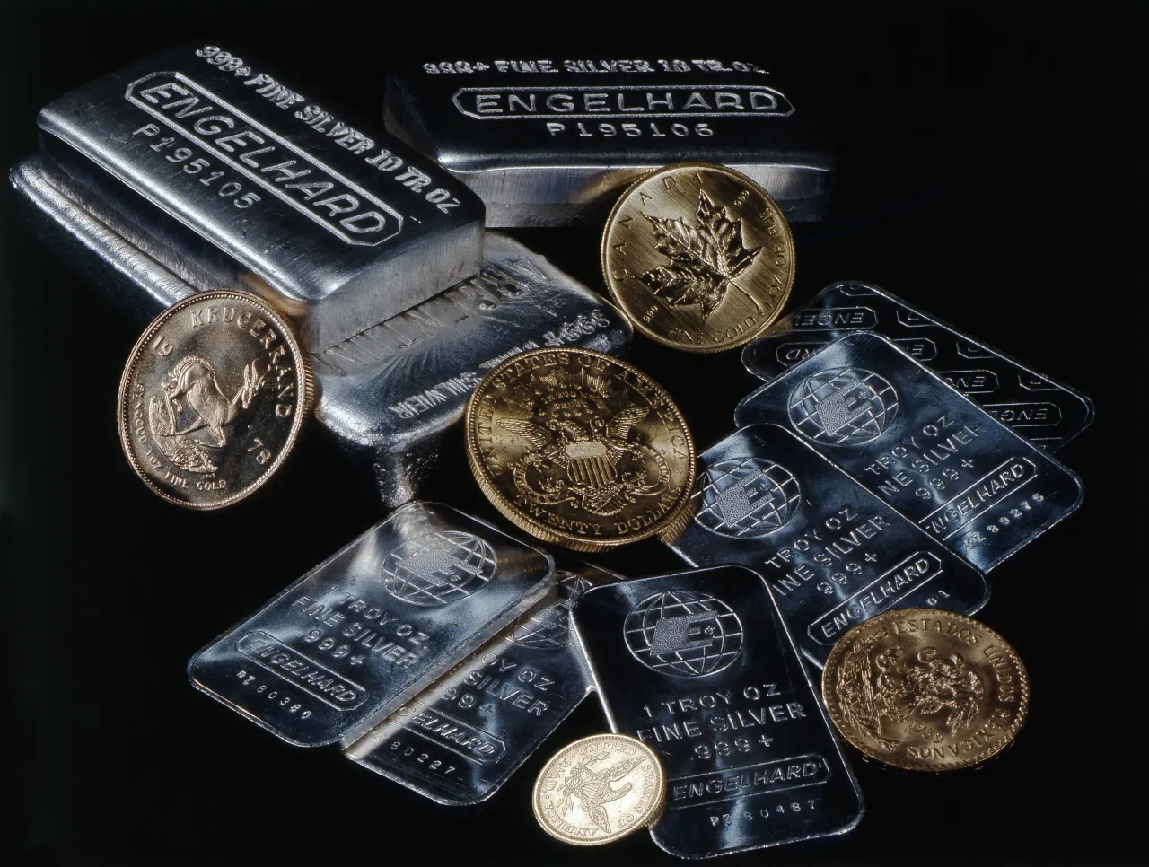 Gold coins and silver bars