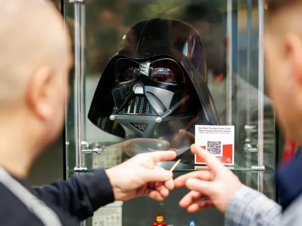 The helmet of the Star Wars figure Darth Vader from Hasbro at the 74th International Toy Fair. (Photo by Daniel Karmann/picture alliance via Getty Images)