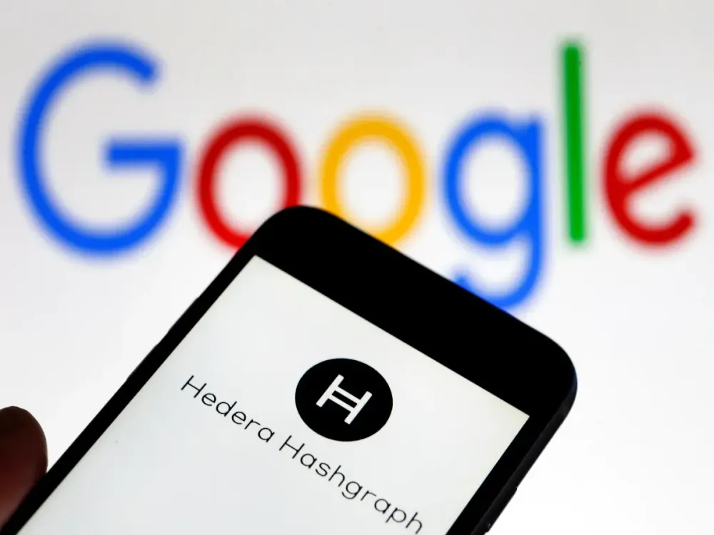In this photo illustration, the Hedera Hashgraph logo is displayed on the screen of an iPhone in front of a computer screen displaying the Google logo on February 24, 2020 in Paris, France. (Photo by Chesnot/Getty Images)
