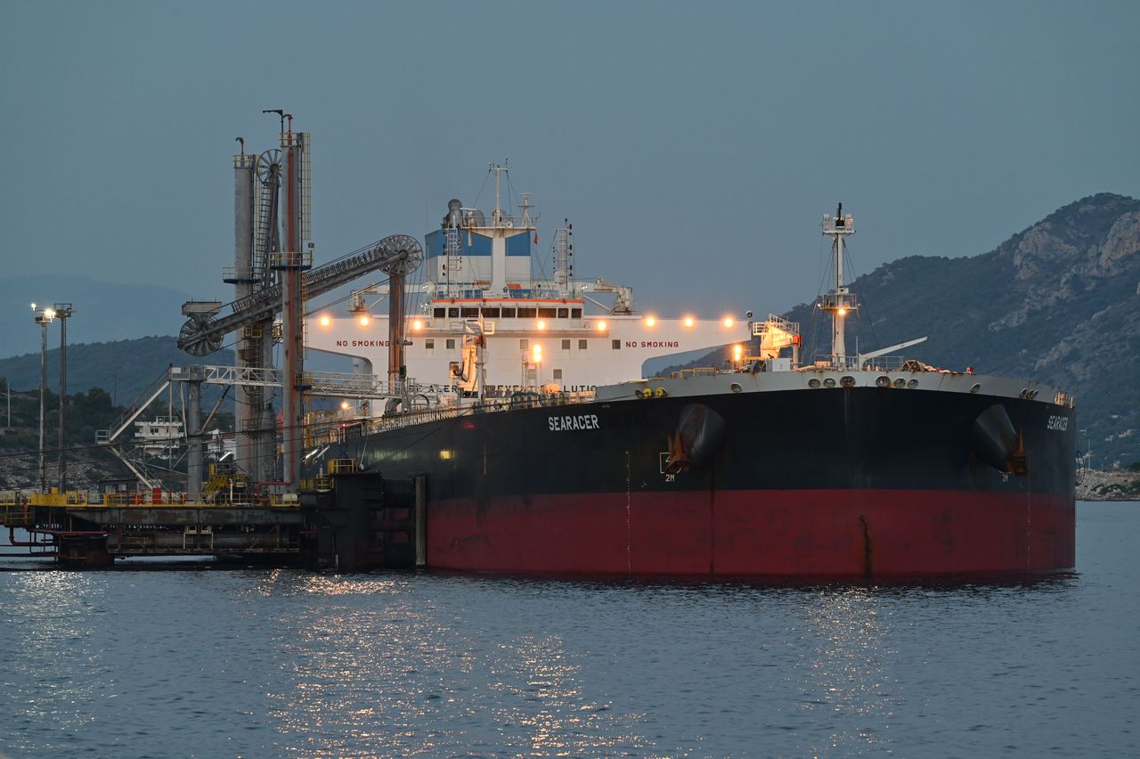 The crude oil tanker SEARACER unloads a cargo originating from the FPSO ONE GUYANA offshore floating production vessel at Pachi Port near Athens, Greece, on July 16, 2026. (Photo by Nicolas Koutsokostas/NurPhoto via Getty Images)