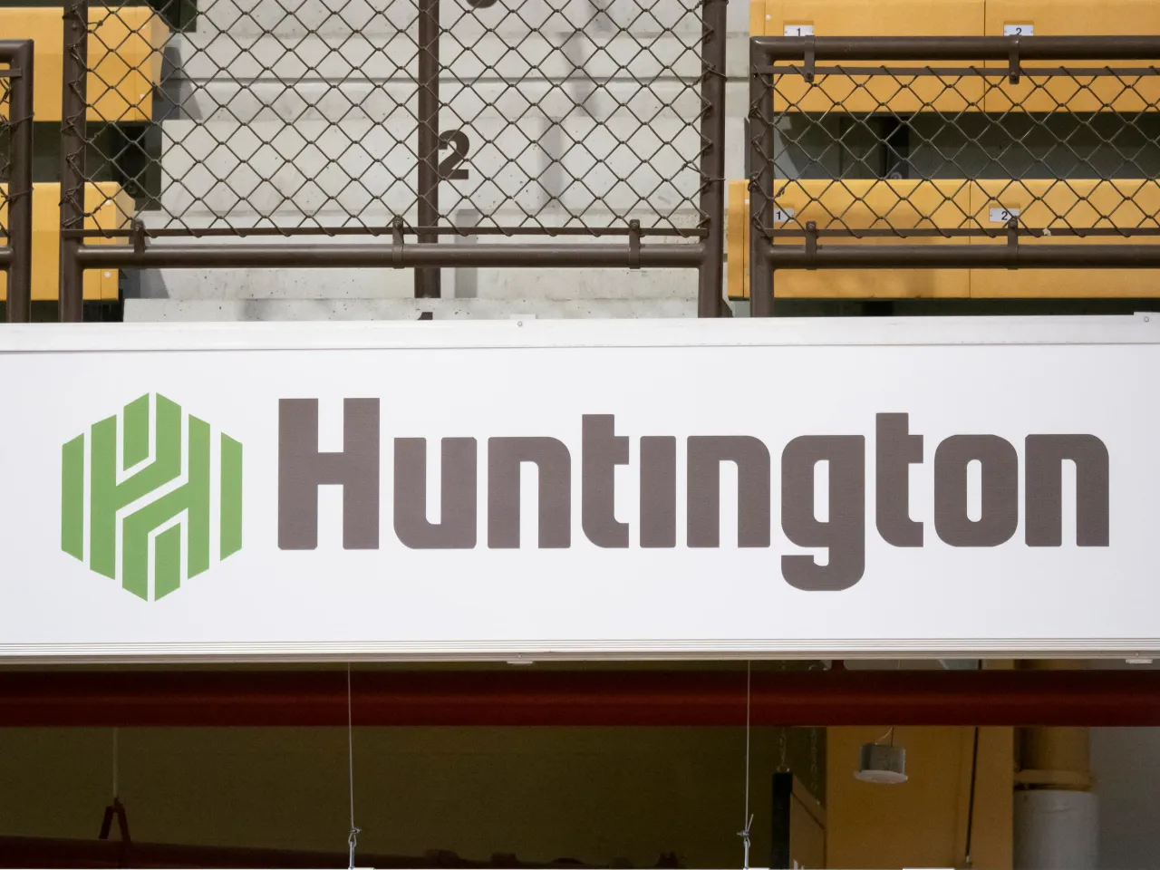 A general view of the Huntington Bancshares logo before the college basketball game on November 10, 2022, at University Arena in Kalamazoo, MI. (Photo by Joseph Weiser/Icon Sportswire via Getty Images)