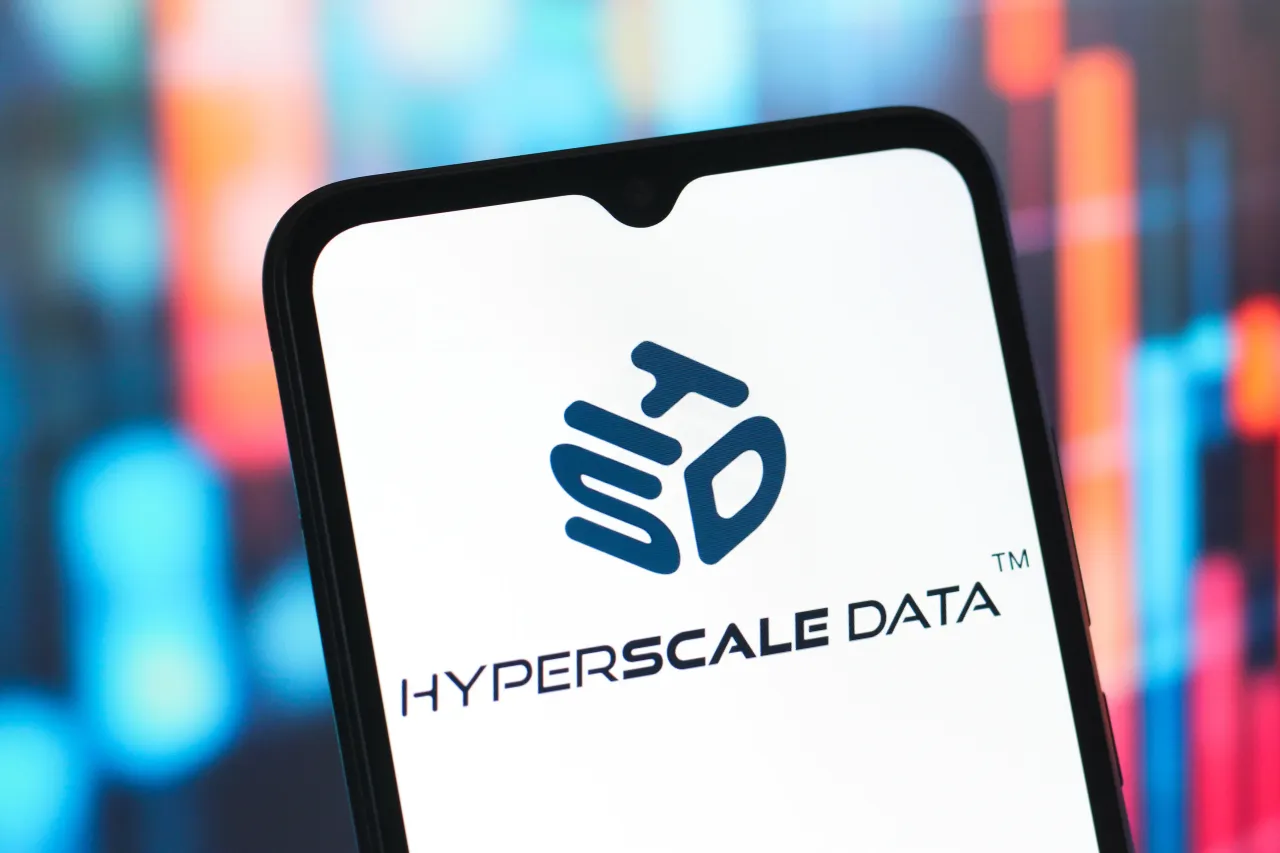 In this photo illustration, the Hyperscale Data logo is seen displayed on a smartphone screen. (Photo Illustration by Thomas Fuller/SOPA Images/LightRocket via Getty Images)