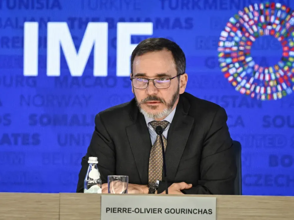 Pierre-Olivier Gourinchas during the presentation of the World Economic Outlook at the IMF during the 2024 Spring Meetings in Washington DC, United States on April 16, 2024. (Photo by Celal Gunes/Anadolu via Getty Images)