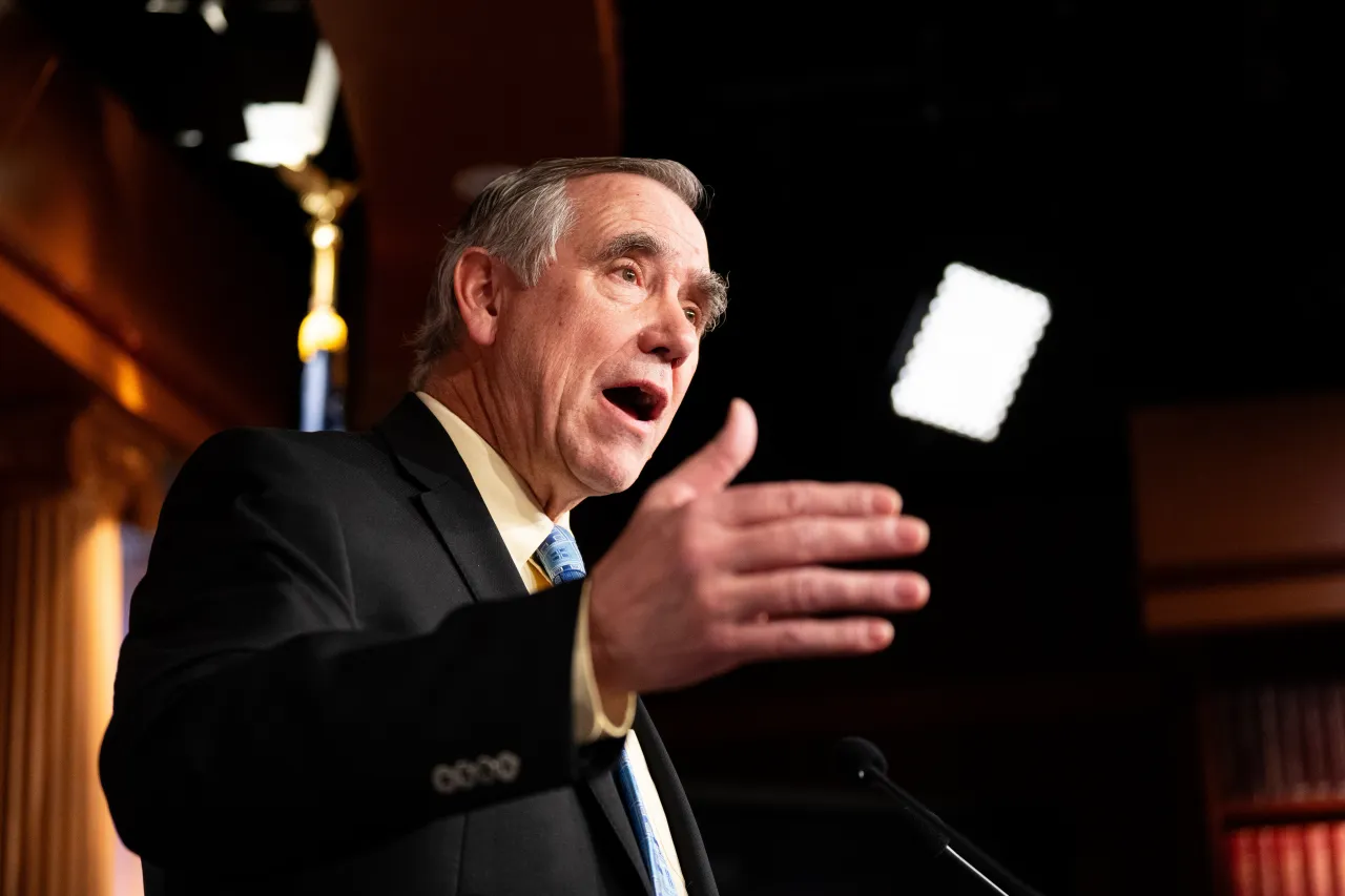 Sen. Jeff Merkley, D-Ore., speaks during the Senate Democrats' news conference in the U.S. Capitol