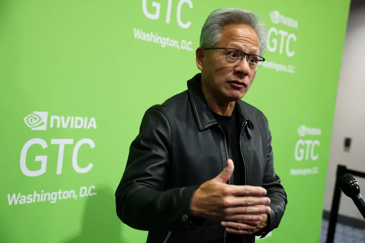 Nvidia President and CEO Jensen Huang speaks to the media during the Nvidia GTC at the Walter E. Washington Convention Center on October 28, 2025 in Washington, DC. (Photo by Anna Moneymaker/Getty Images)