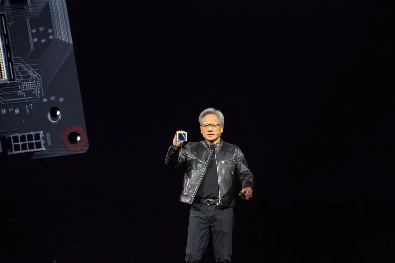 Jensen Huang, Nvidia CEO, presents the new Blackwell AI chip at the company's GTC developer conference